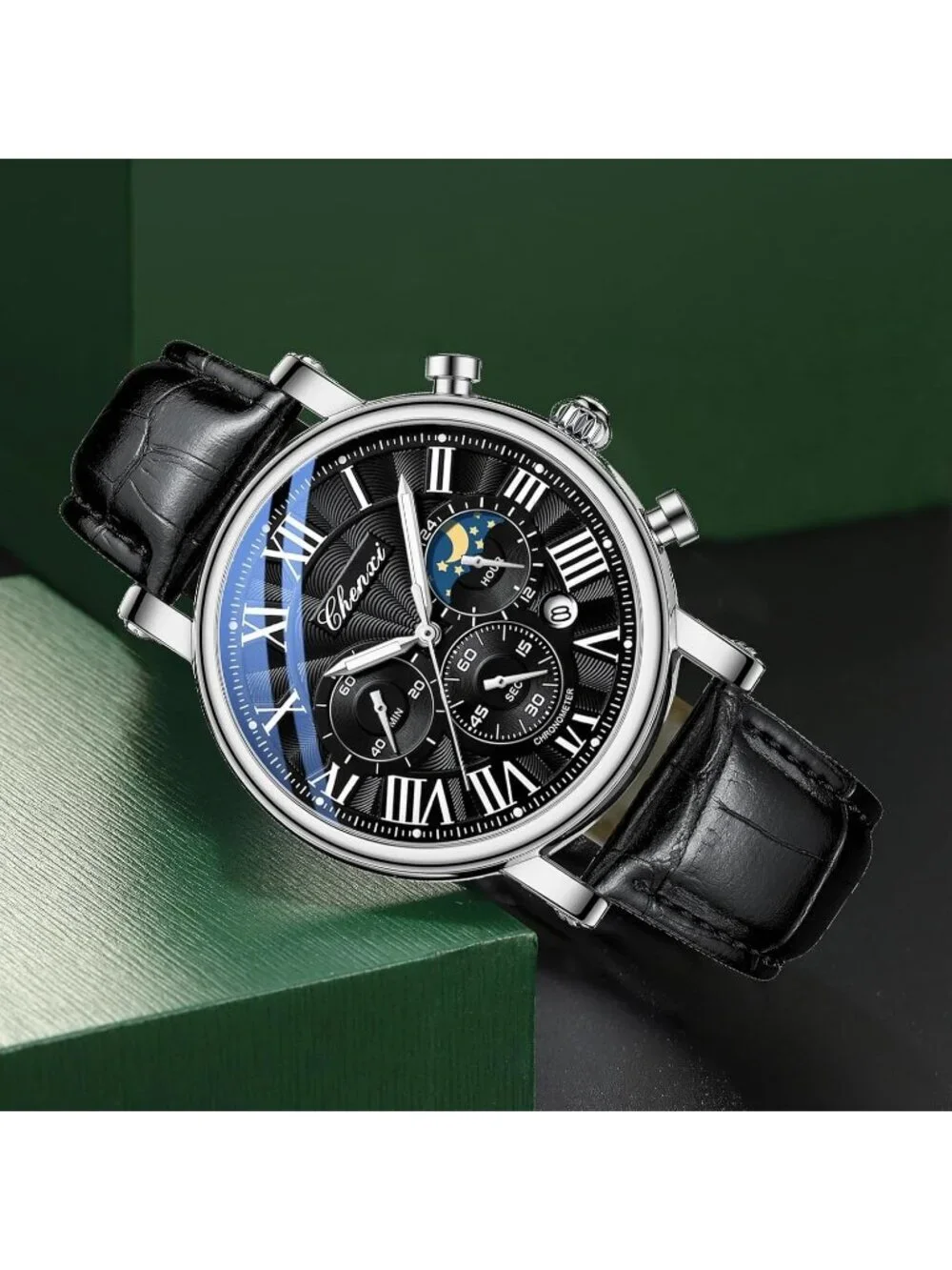 Men's Silver And Black Leather Multifunctional Military Analog Chronograph Watch